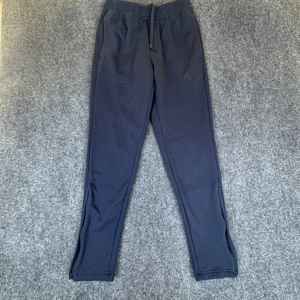Adidas Sweatpants Mens S 26x29 Navy Blue Logo Fleece Lined Ankle Zip Tapered Leg